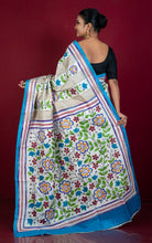 Hand Painted Acid Wash and Hand Embroidery Tussar Silk Kantha Work Saree in Beige, Off White, Blue and Multicolored