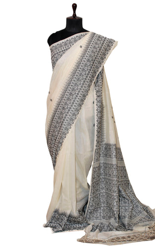 Handwoven Tussar Silk Jamdani Saree in Cotton White and Black