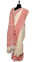 Handwoven Tussar Silk Jamdani Saree in Cotton White and Red