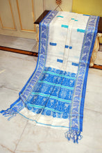 Premium Quality Double Warp Matka Tussar Baluchari Silk Saree in Off White, Blue and Green