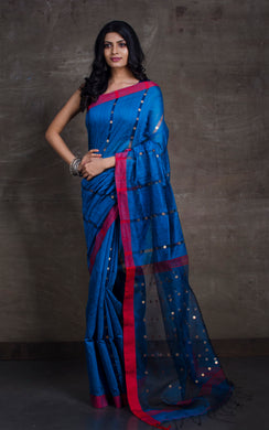 Designer Pure Matka Tussar Silk Saree in Cobalt Blue and Red
