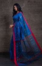 Designer Pure Matka Tussar Silk Saree in Cobalt Blue and Red