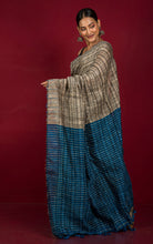 Soft Ketia Tussar Silk Saree in Beige, Black and Jade Blue