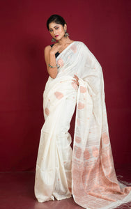 Woven Paisley Work Premium Matka Tussar Silk Jamdani Saree in Off White and Copper