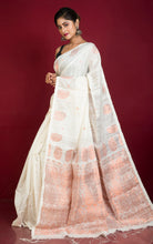 Woven Paisley Work Premium Matka Tussar Silk Jamdani Saree in Off White and Copper