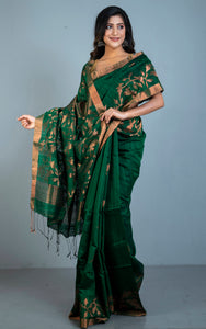 Woven Munia Work Premium Matka Tussar Silk Jamdani Saree in Dark Green and Copper