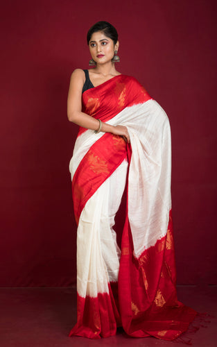 Premium Shibori Matka Tussar Silk Saree in Red and Off White