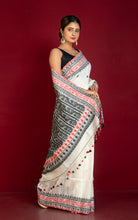 Premium Quality Double Warp Matka Tussar Jamdani Silk Saree in Off White, Black and Red
