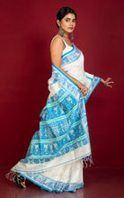 Premium Quality Double Warp Matka Tussar Baluchari Silk Saree in Off White, Blue and Green