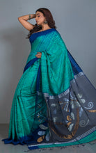 Tussar Shibori Matka Jamdani Saree in Sea green, Navy Blue with Copper and Silver Zari Work