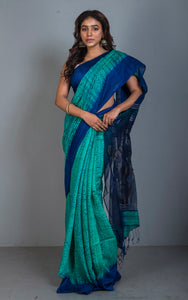 Tussar Shibori Matka Jamdani Saree in Sea green, Navy Blue with Copper and Silver Zari Work