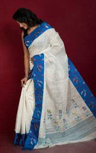 Premium Quality Kadiyal Double Warp Matka Tussar Jamdani Silk Saree in White, Royal Blue and Multicolored