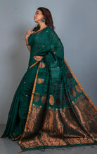 Woven Paisley Work Premium Matka Tussar Silk Jamdani Saree in Bottle Green and Copper