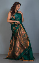 Woven Paisley Work Premium Matka Tussar Silk Jamdani Saree in Bottle Green and Copper