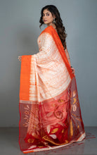 Tussar Shibori Matka Jamdani Saree in Off White, Orange with Copper and Silver Zari Work