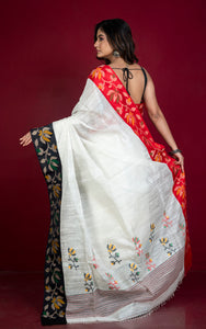 Premium Quality Kadiyal Double Warp Matka Tussar Jamdani Silk Saree in White, Black, Red and Multicolored