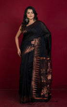 Crowned Temple Border Matka Tussar Silk Jamdani Saree in Black and Copper Zari Work