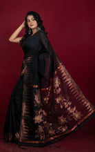 Crowned Temple Border Matka Tussar Silk Jamdani Saree in Black and Copper Zari Work