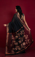 Crowned Temple Border Matka Tussar Silk Jamdani Saree in Black and Copper Zari Work