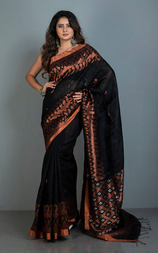 Woven Paisley Motif Work Premium Tussar Raw Silk Jamdani Saree in Black and Copper