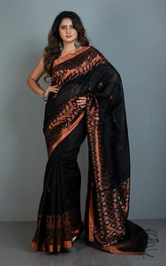 Woven Paisley Motif Work Premium Tussar Raw Silk Jamdani Saree in Black and Copper