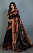 Woven Paisley Motif Work Premium Tussar Raw Silk Jamdani Saree in Black and Copper