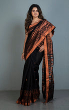 Woven Paisley Motif Work Premium Tussar Raw Silk Jamdani Saree in Black and Copper