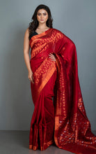 Woven Paisley Motif Work Premium Tussar Raw Silk Jamdani Saree in Dark Red and Copper