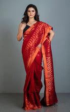 Woven Paisley Motif Work Premium Tussar Raw Silk Jamdani Saree in Dark Red and Copper