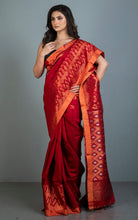 Woven Paisley Motif Work Premium Tussar Raw Silk Jamdani Saree in Dark Red and Copper