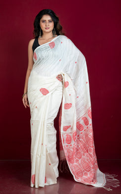 Woven Paisley Work Premium Matka Tussar Silk Jamdani Saree in Off White and Red