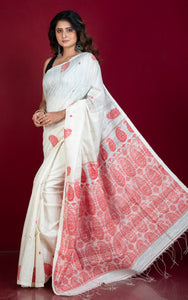 Woven Paisley Work Premium Matka Tussar Silk Jamdani Saree in Off White and Red