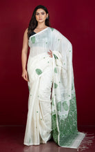 Woven Paisley Work Premium Matka Tussar Silk Jamdani Saree in Off White and Moss Green