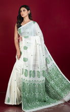 Woven Paisley Work Premium Matka Tussar Silk Jamdani Saree in Off White and Moss Green