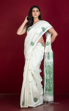 Woven Paisley Work Premium Matka Tussar Silk Jamdani Saree in Off White and Moss Green