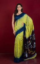 Tussar Shibori Matka Jamdani Saree in Lemon Yellow, Navy Blue with Copper and Silver Zari Work