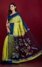 Tussar Shibori Matka Jamdani Saree in Lemon Yellow, Navy Blue with Copper and Silver Zari Work