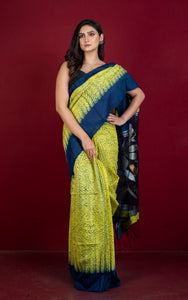 Tussar Shibori Matka Jamdani Saree in Lemon Yellow, Navy Blue with Copper and Silver Zari Work