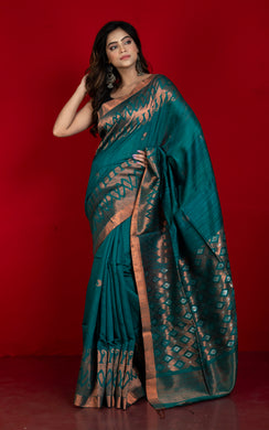 Woven Paisley Motif Work Premium Tussar Raw Silk Jamdani Saree in Teal Green and Copper