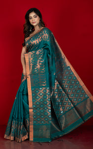 Woven Paisley Motif Work Premium Tussar Raw Silk Jamdani Saree in Teal Green and Copper