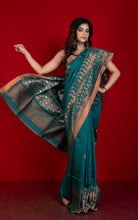 Woven Paisley Motif Work Premium Tussar Raw Silk Jamdani Saree in Teal Green and Copper