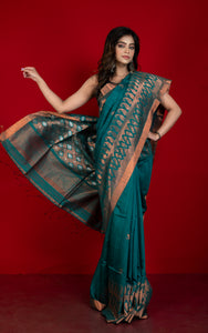 Woven Paisley Motif Work Premium Tussar Raw Silk Jamdani Saree in Teal Green and Copper