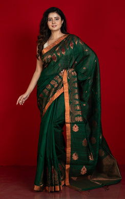Woven Necklace Motif Work Premium Tussar Raw Silk Jamdani Saree in Emerald Green, Red and Copper