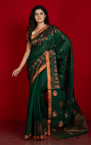 Woven Necklace Motif Work Premium Tussar Raw Silk Jamdani Saree in Emerald Green, Red and Copper