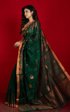 Woven Necklace Motif Work Premium Tussar Raw Silk Jamdani Saree in Emerald Green, Red and Copper