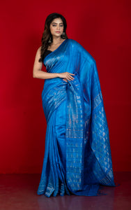 Premium Quality Pencil Border and Trigon Pallu Work Matka Tussar Silk Saree in Pacific Blue and Antique Golden