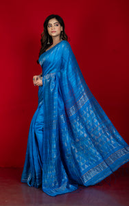 Premium Quality Pencil Border and Trigon Pallu Work Matka Tussar Silk Saree in Pacific Blue and Antique Golden