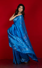 Premium Quality Pencil Border and Trigon Pallu Work Matka Tussar Silk Saree in Pacific Blue and Antique Golden