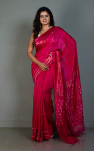 Premium Quality Pencil Border and Trigon Pallu Work Matka Tussar Silk Saree in Deep Cerise and Antique Golden