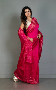 Premium Quality Pencil Border and Trigon Pallu Work Matka Tussar Silk Saree in Deep Cerise and Antique Golden
